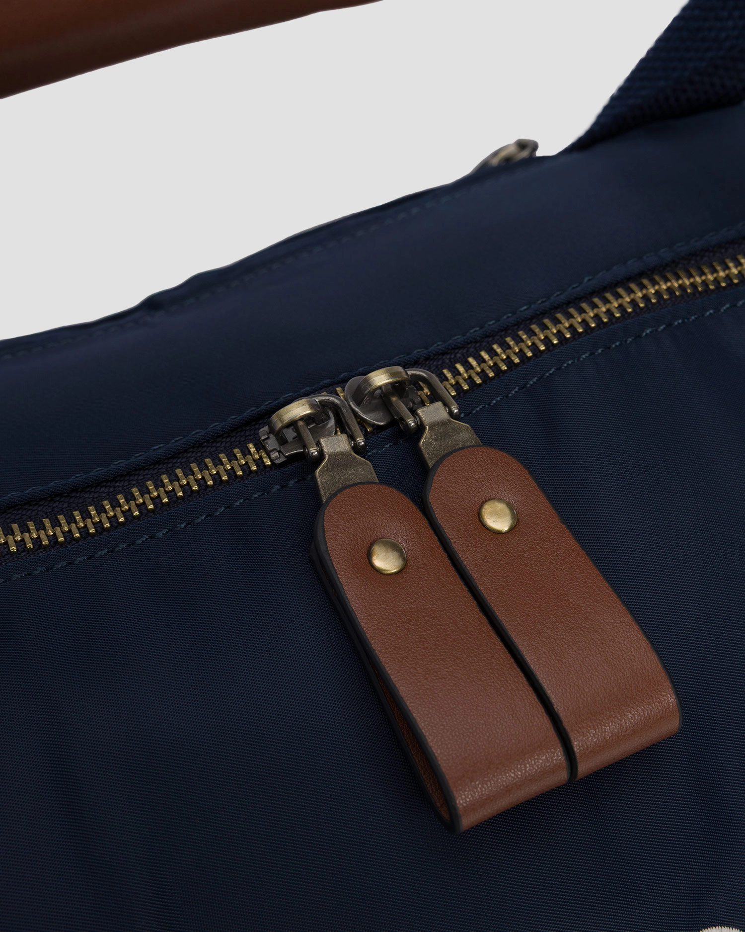 Navy Blue Duffle Bag with Brown Leather Accents