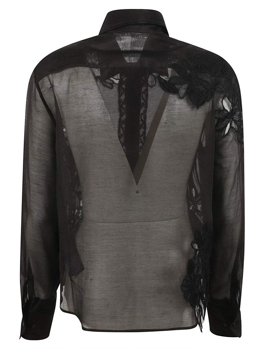 Sheer Black Shirt With Floral Embroidery