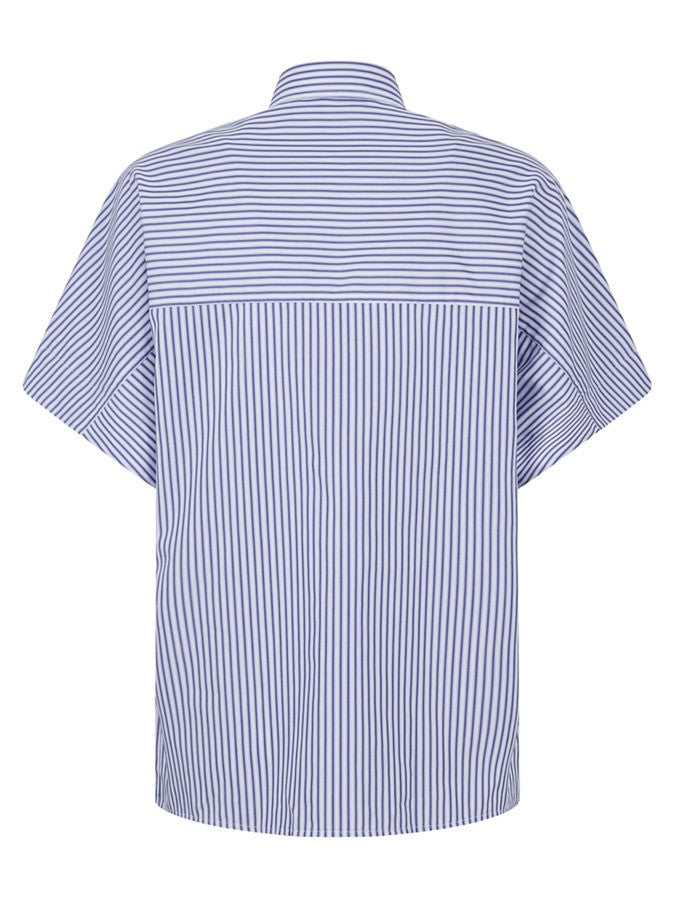 Blue Cotton Shirt With Classic Collar And Short Kimono Sleeves