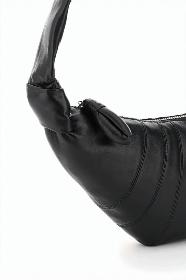 Crescent-Shaped Black Lambskin Leather Shoulder Bag
