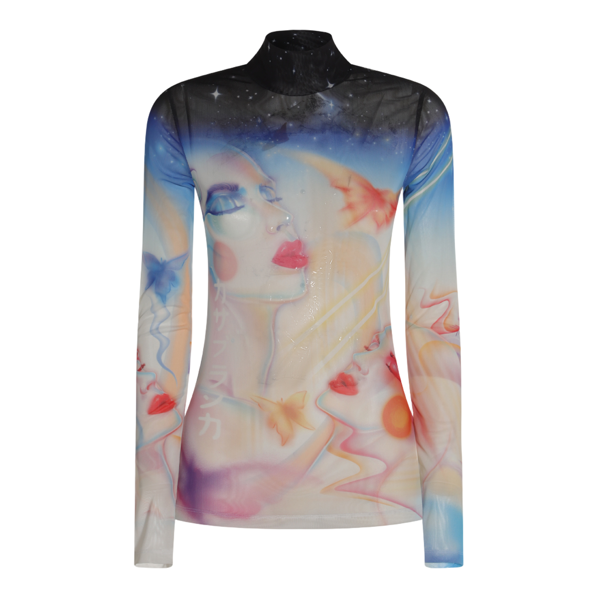 Long-Sleeve Sheer Top with Surreal Artistic Print