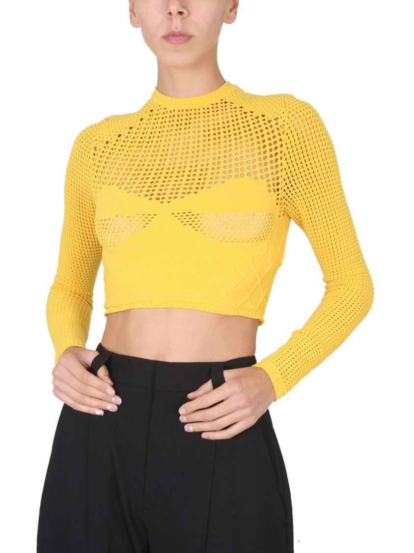 Perforated Crop Shirt With High Neckline