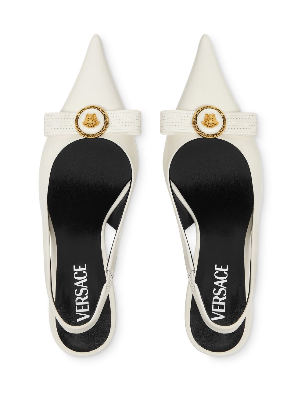 Pointed Toe Slingback Heels with Textured Bow and Gold Medallion