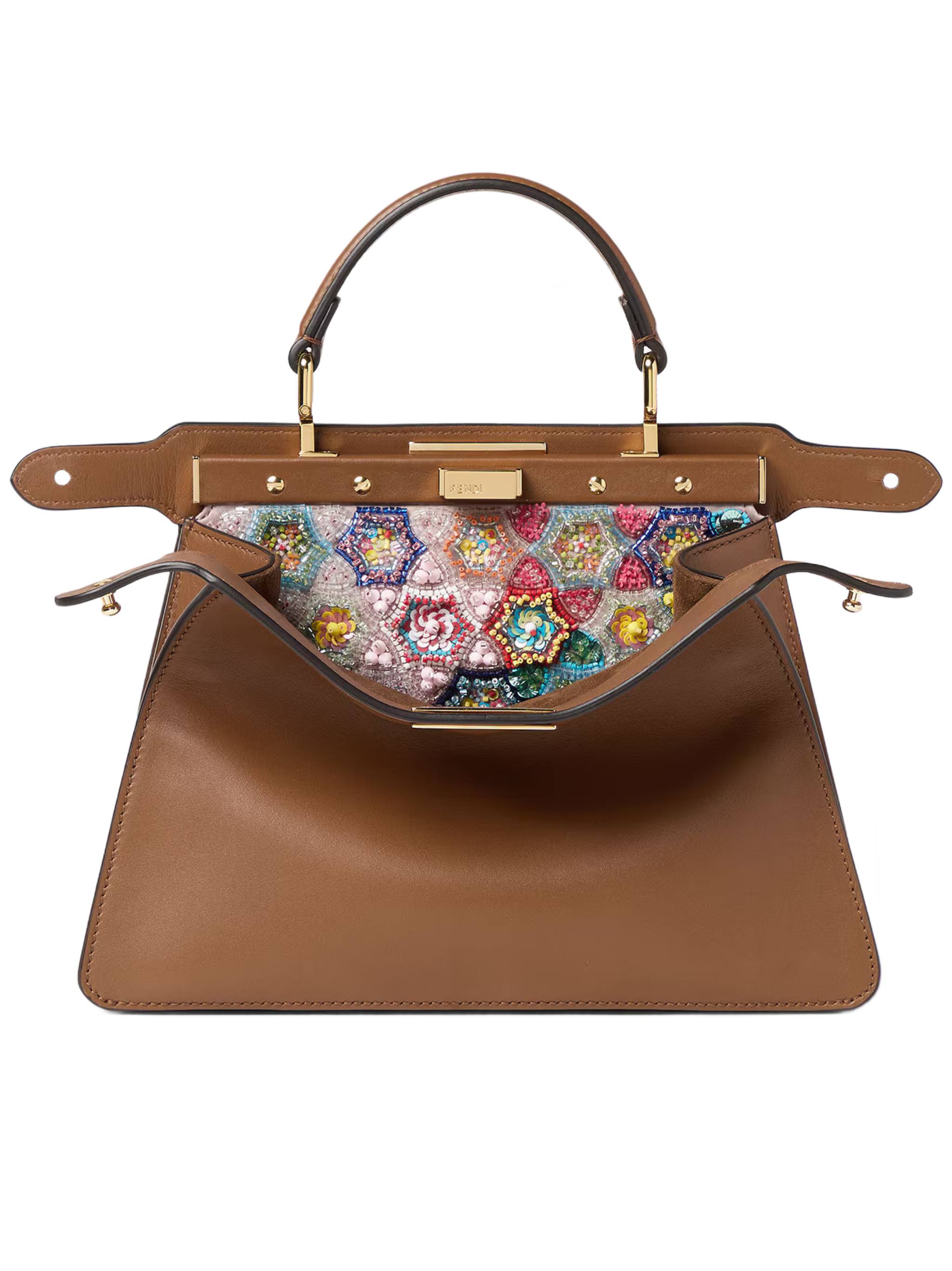 Structured Calf Leather Handbag with Beaded Flap and Gold-tone Hardware