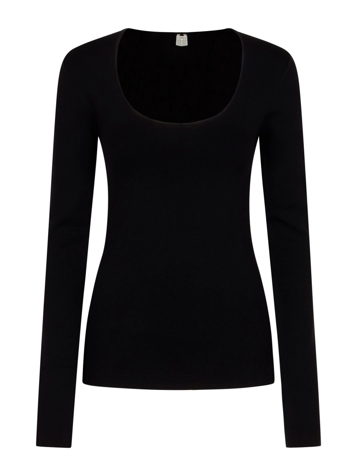 Fitted Black Knit Top with Long Sleeves and Rounded Neckline