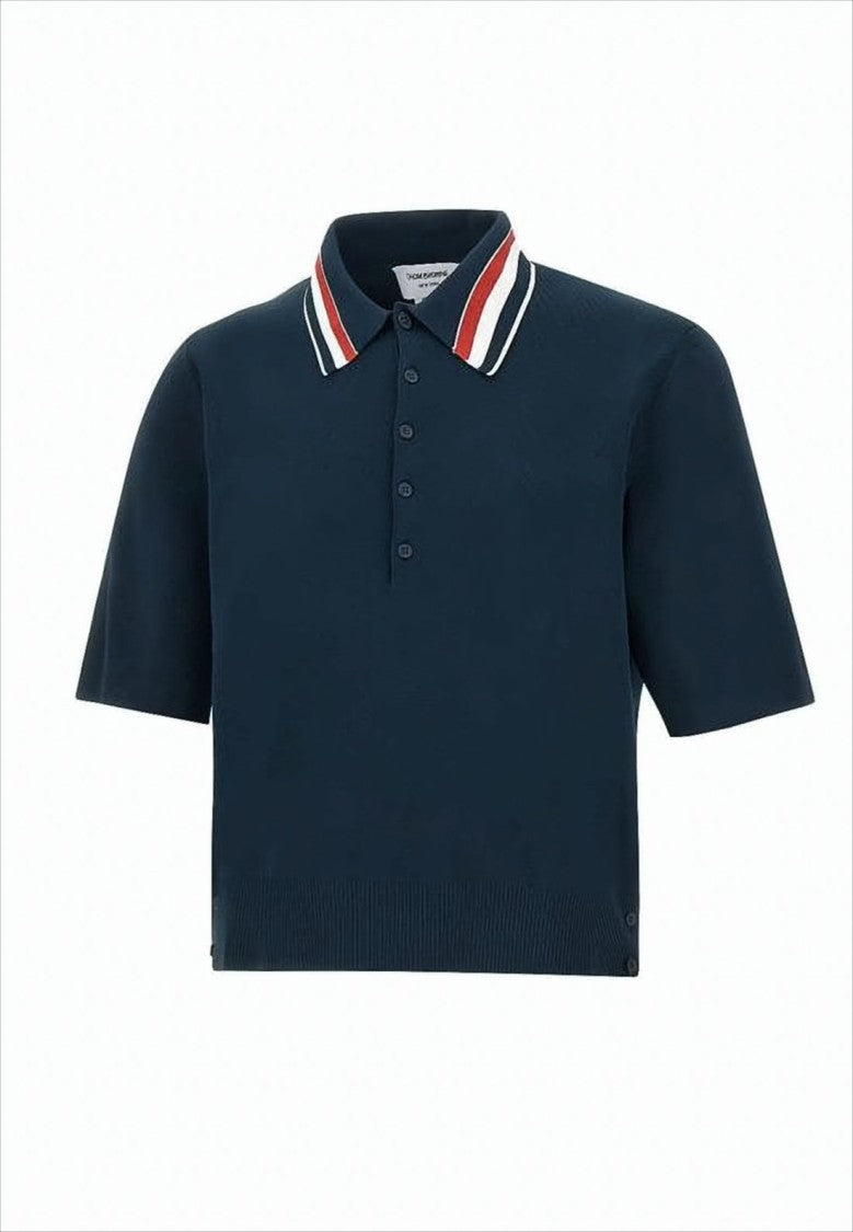 Navy Polo Shirt with Striped Collar and Side Button Details