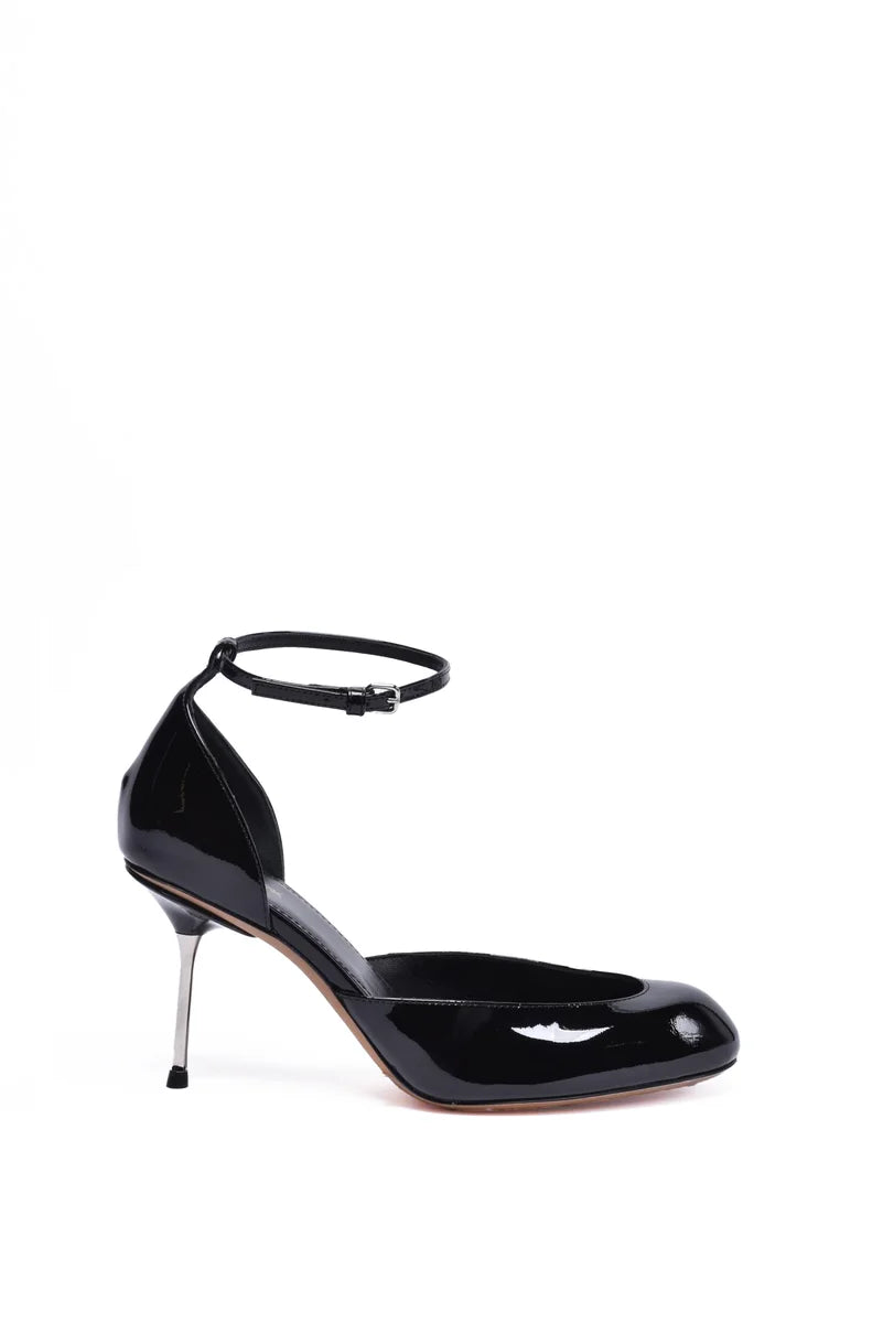 Patent Leather Pump with Strap - Black