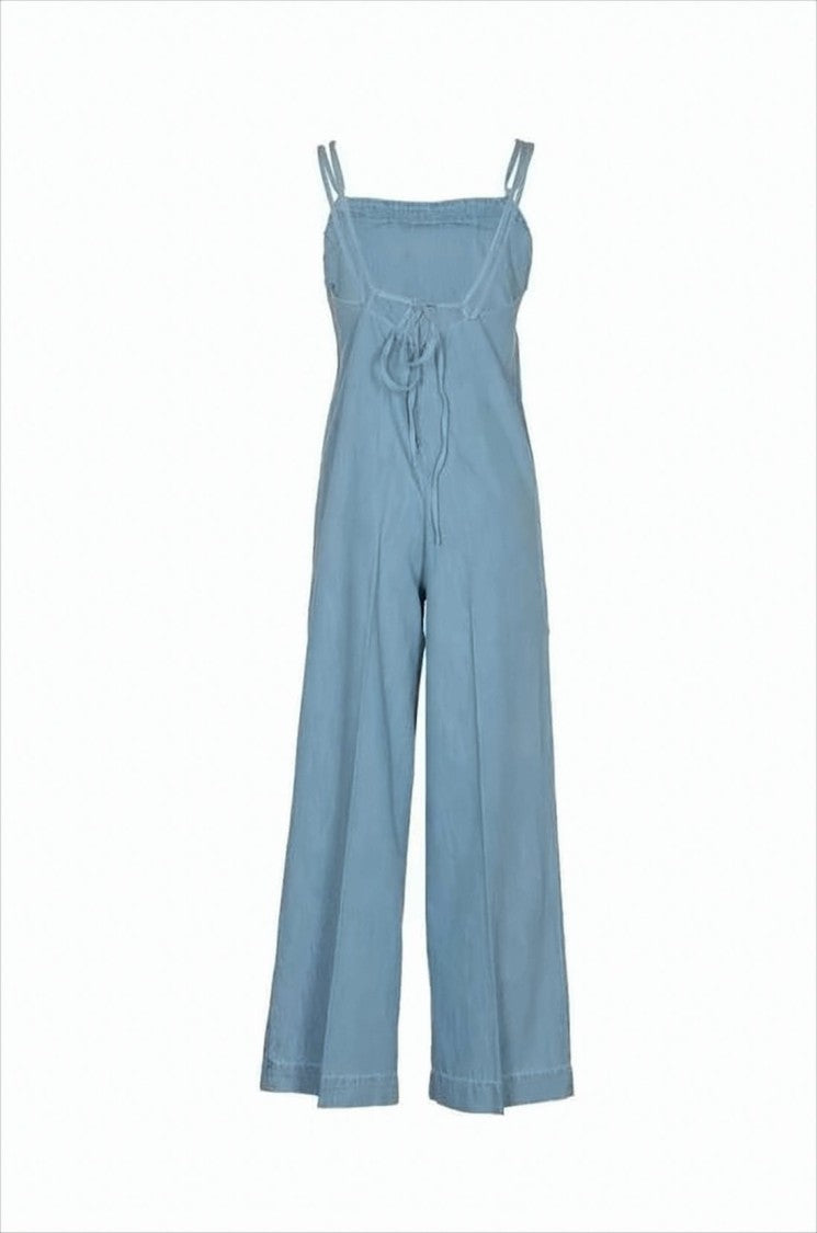 Light Blue Denim Jumpsuit with Wide-Leg Pants