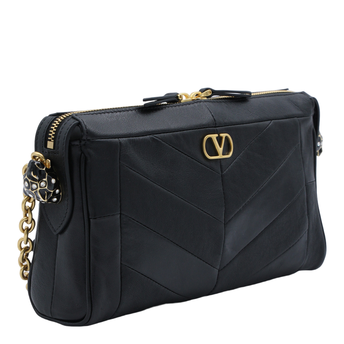 Chevron-Pattern Black Leather Bag with Gold Accents