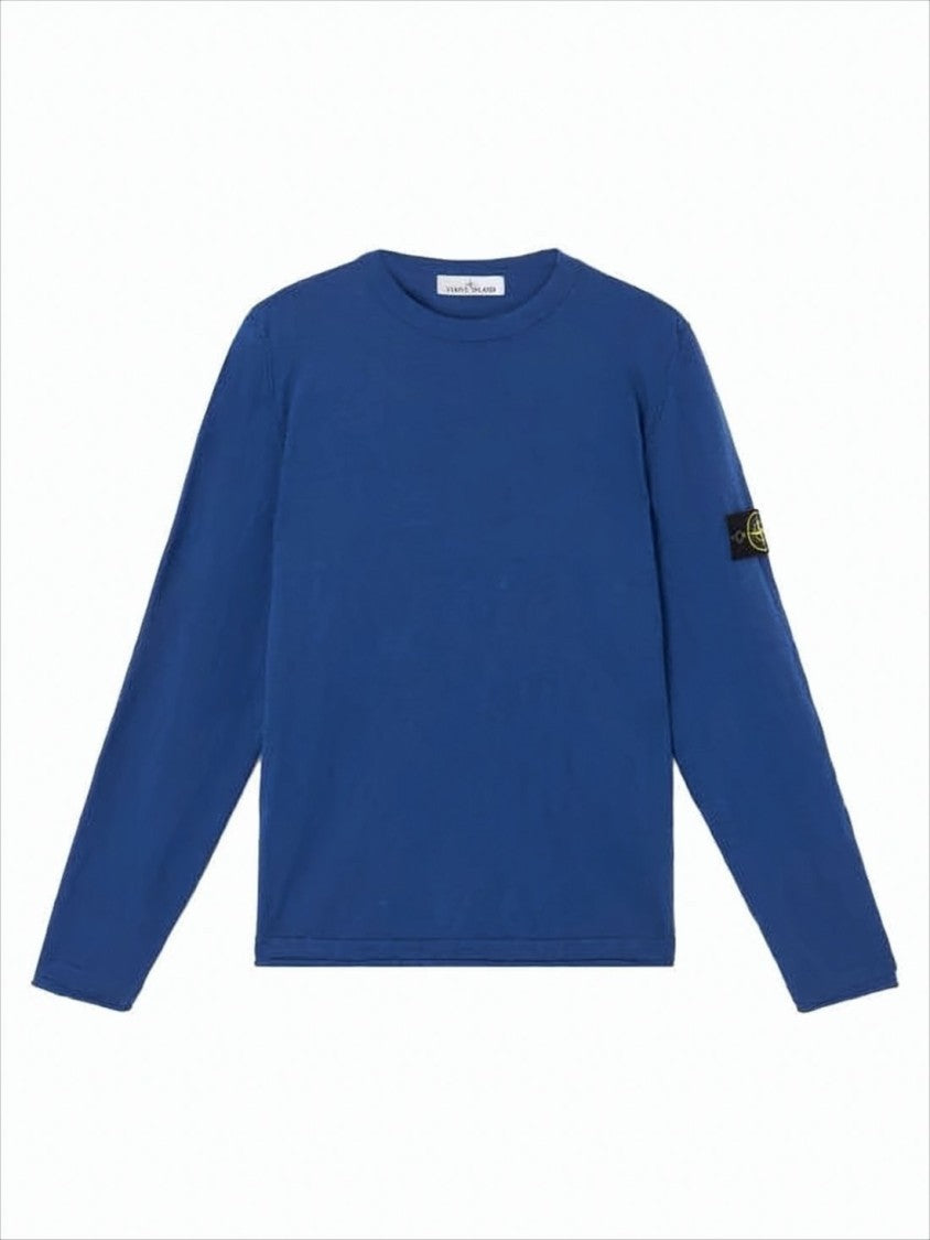Crew Neck Blue Sweater With Unique Sleeve Logo