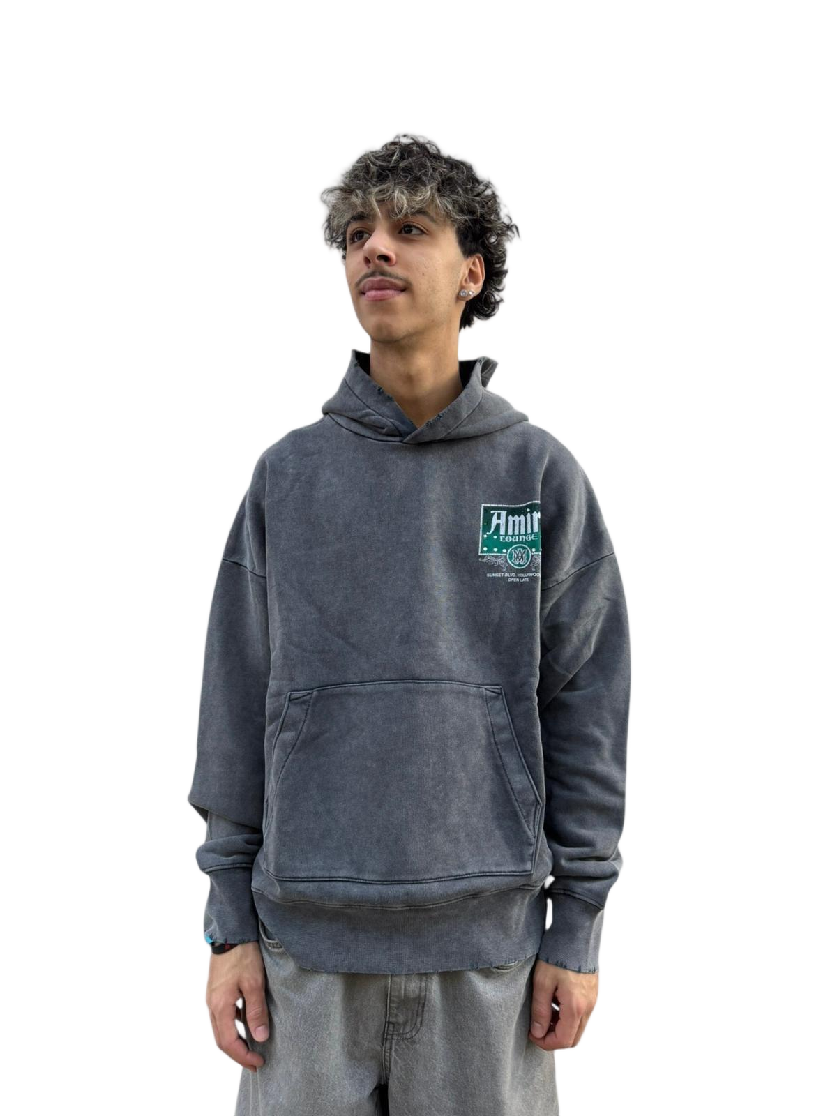Washed Charcoal Grey Hoodie with Graphic Accents