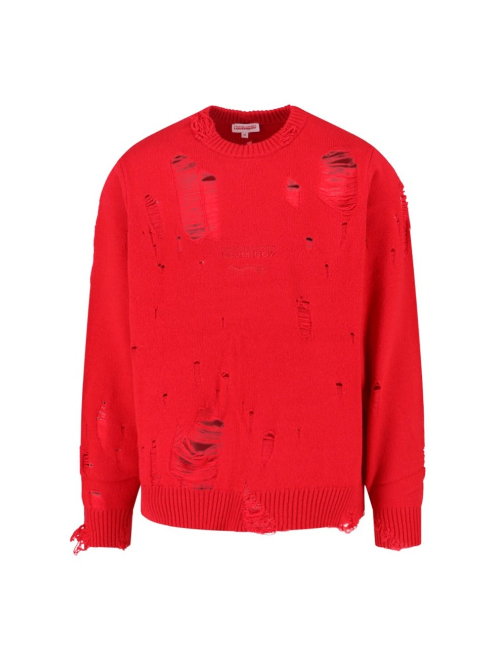 Distressed Red Wool Blend Sweater With Ribbed Finishes