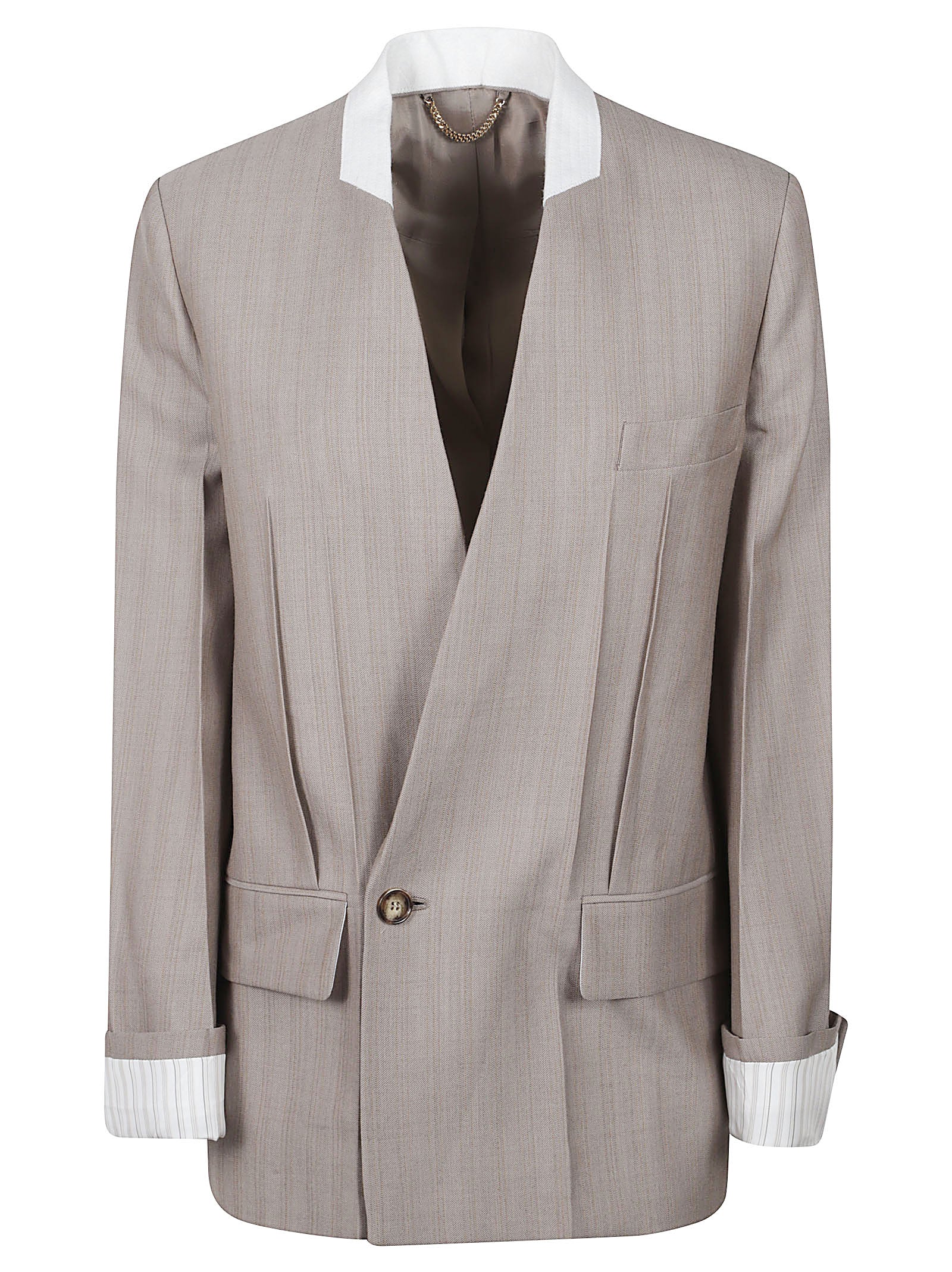 Tailored Collarless Jacket in Soft Beige Fabric