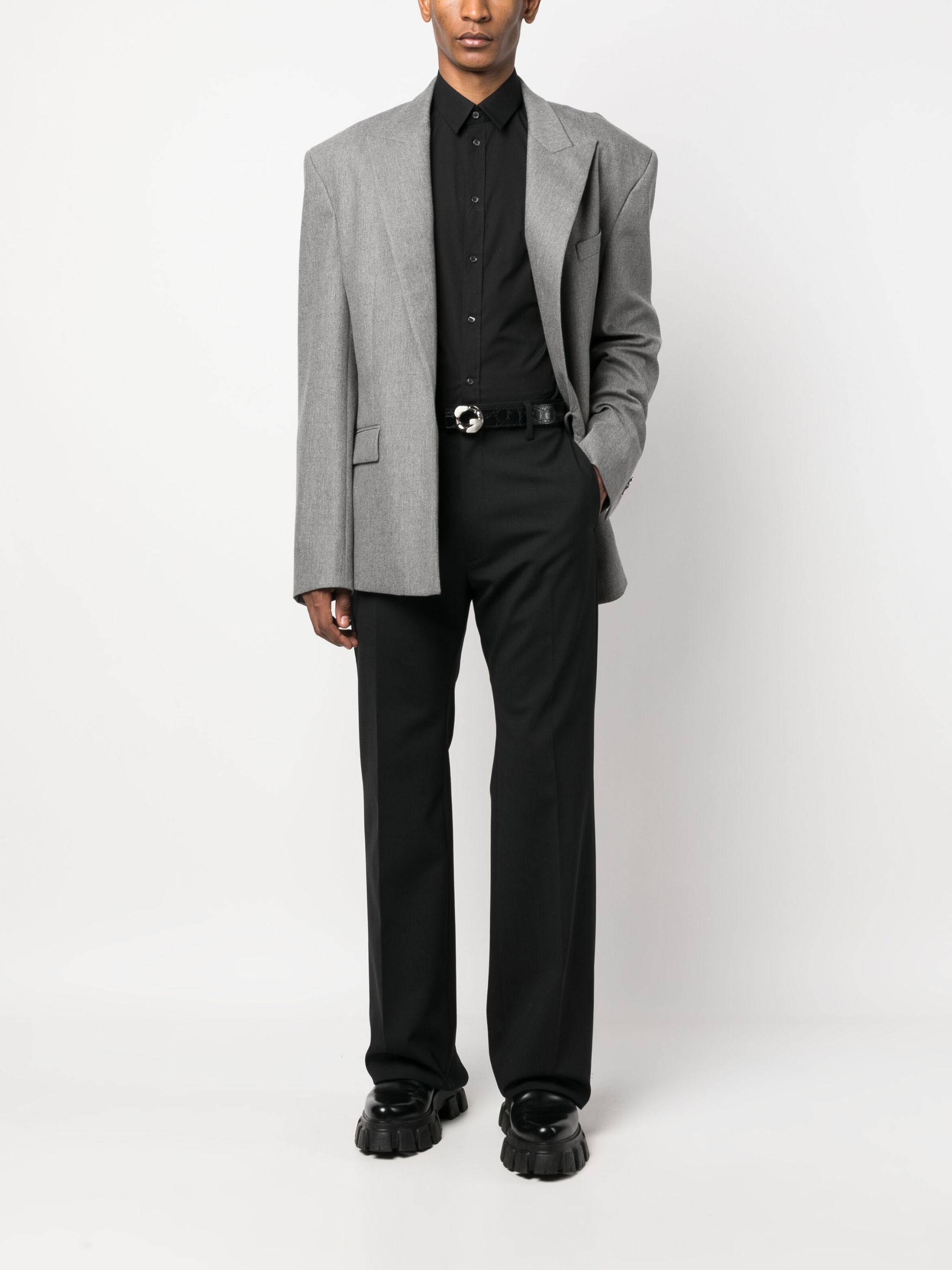 Slim-Fit Black Poplin Italian Collar Shirt