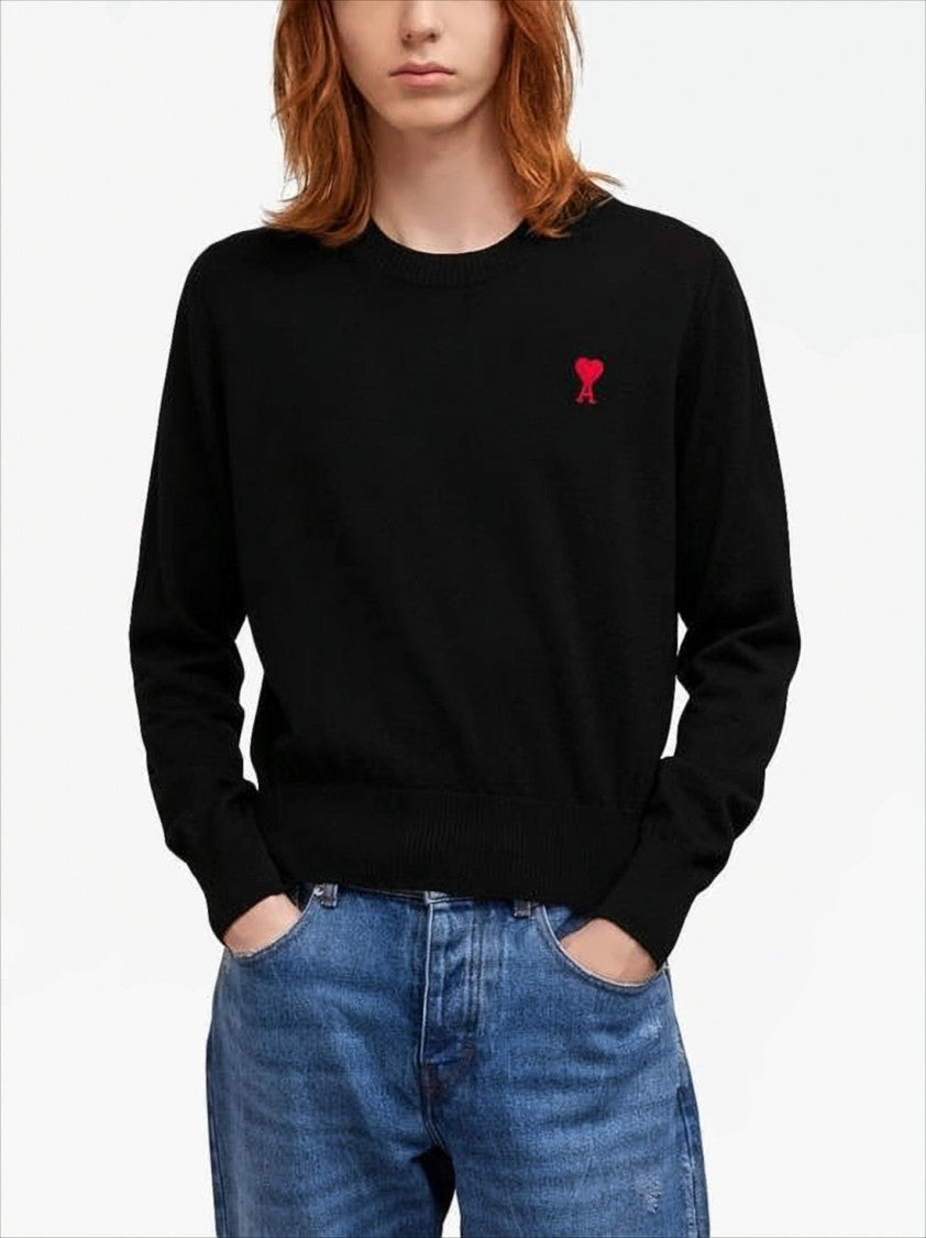 Fitted Black Merino Wool Sweater with Heart Logo