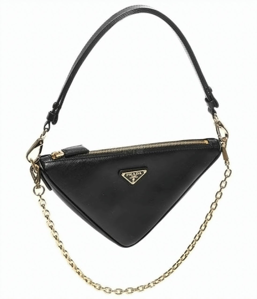 Triangular Black Leather Shoulder Bag with Detachable Chain Strap