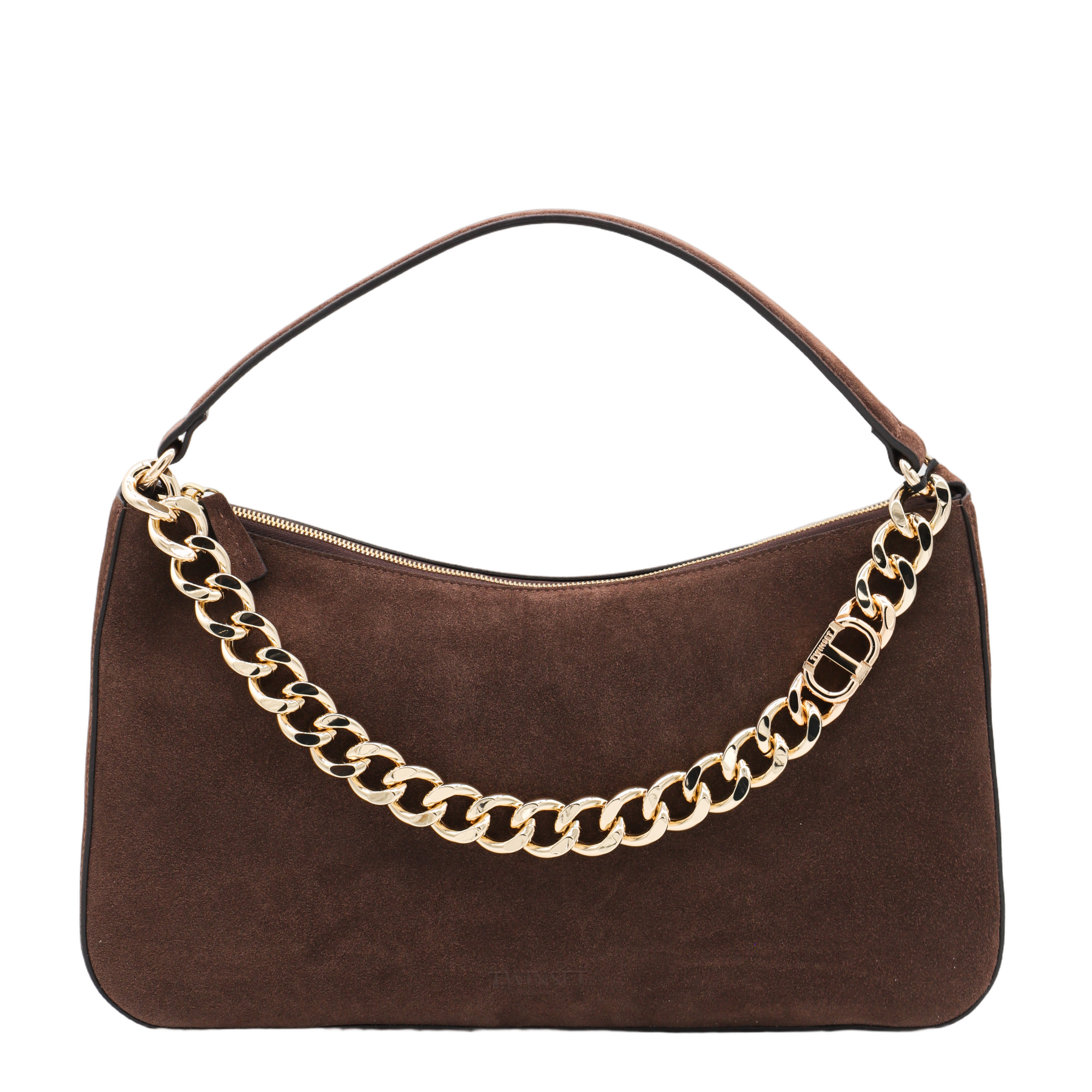 Brown Suede Handbag with Gold Chain Accents
