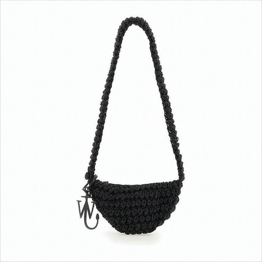 Woven Crescent Crossbody Bag With Braided Strap And Metallic Charm