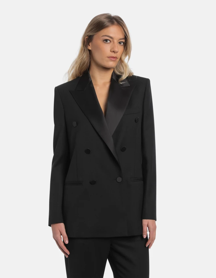 Black Double-Breasted Blazer with Satin Peak Lapel