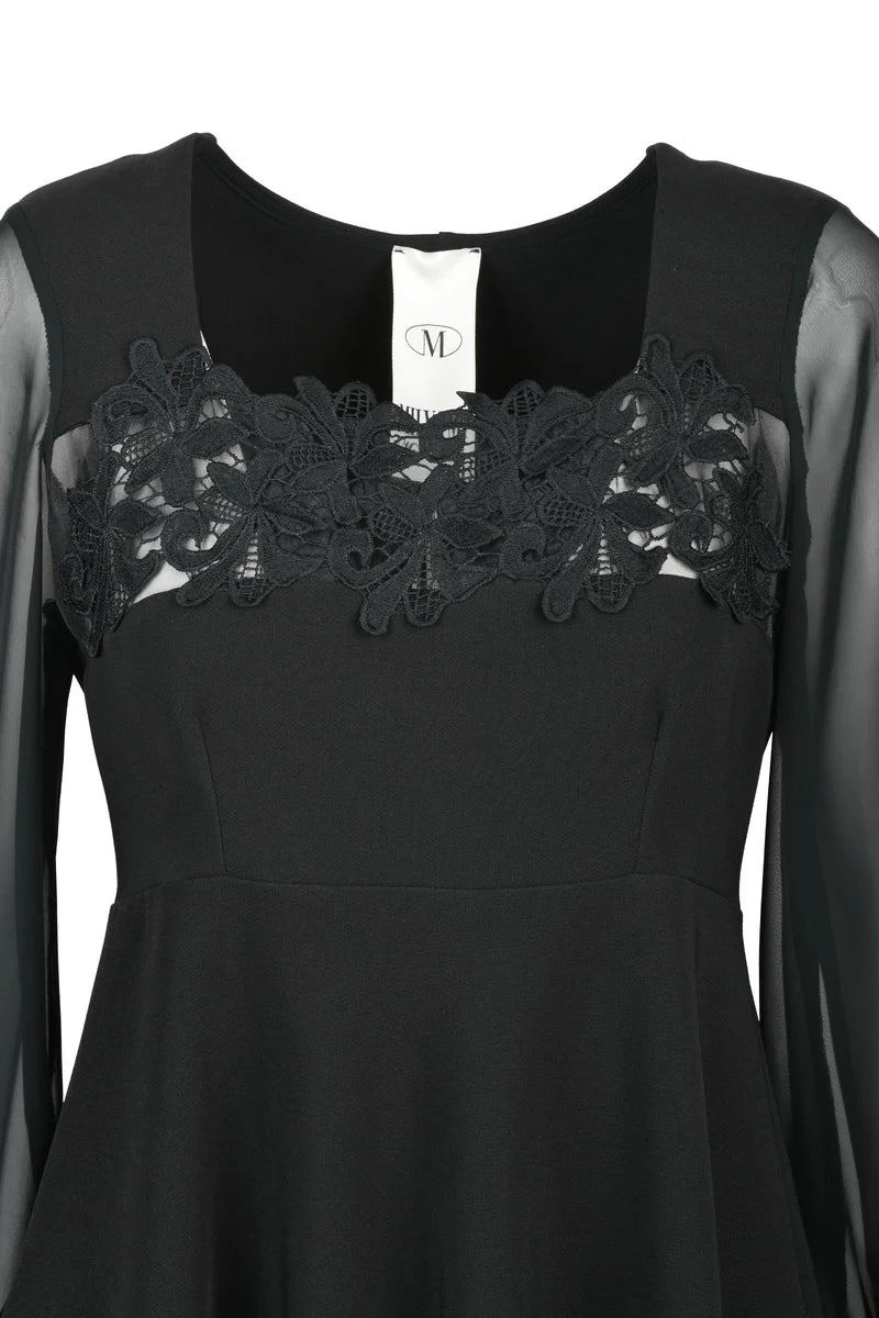 Flared Dress with Puff Sleeves - Black