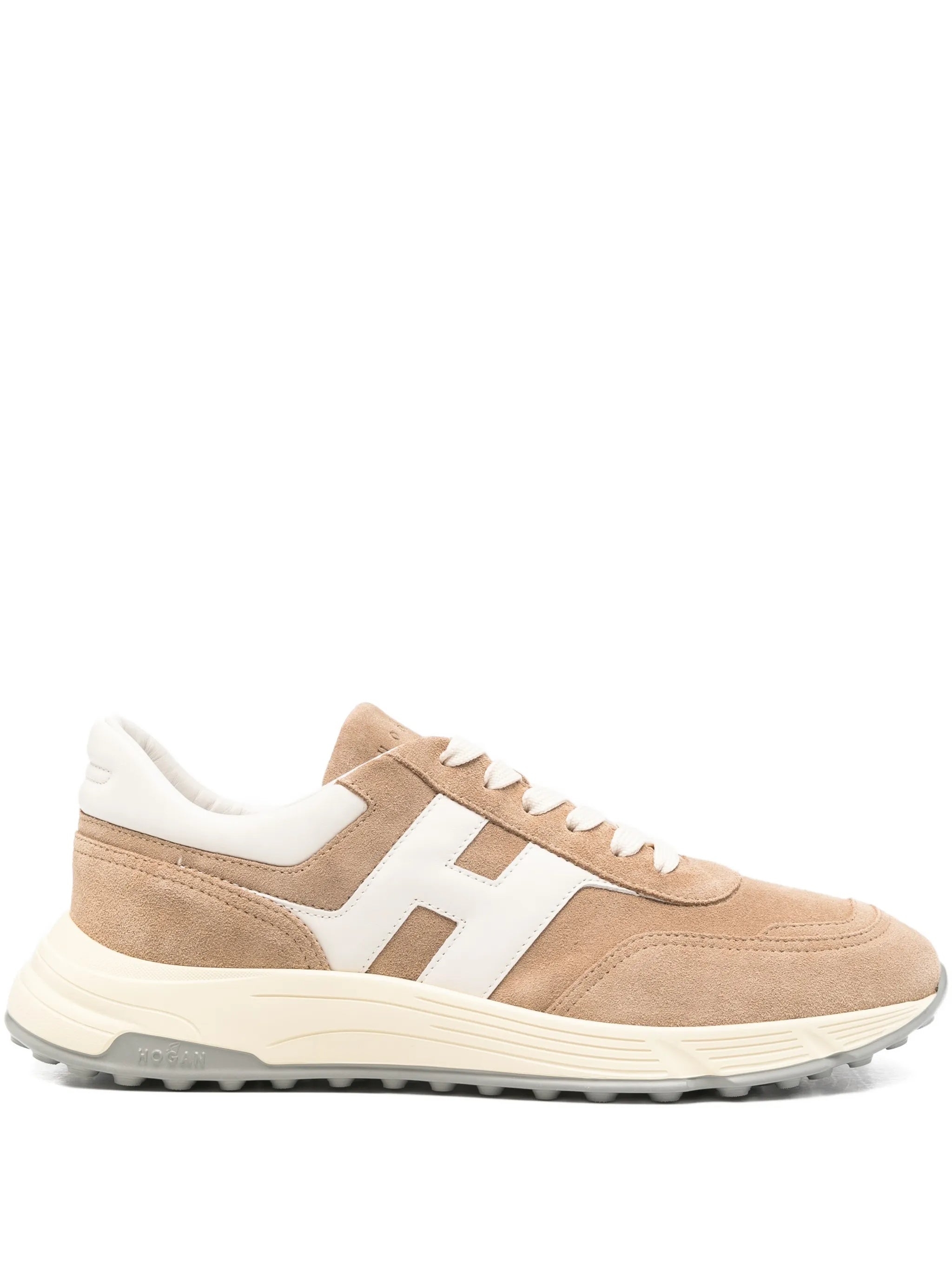 Beige Suede Leather Iconic Logo Sneakers