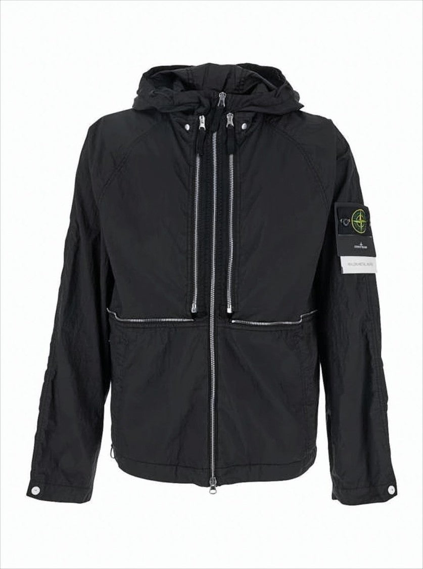 Black Lightweight Hooded Jacket with Reflective Piping and Distinctive Patch