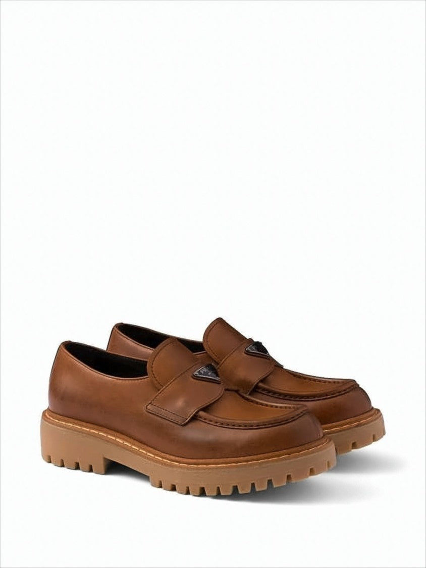 Polished Calf Leather Loafers with Triangular Logo Plaque