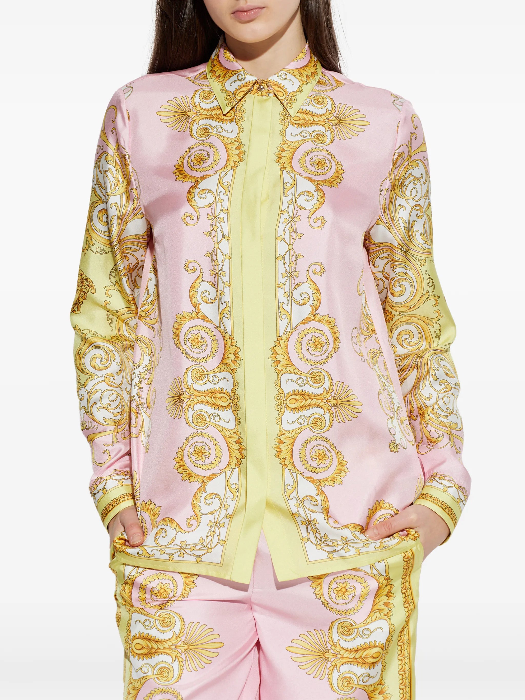 Pastel Pink Baroque-Inspired Silk Scroll Shirt