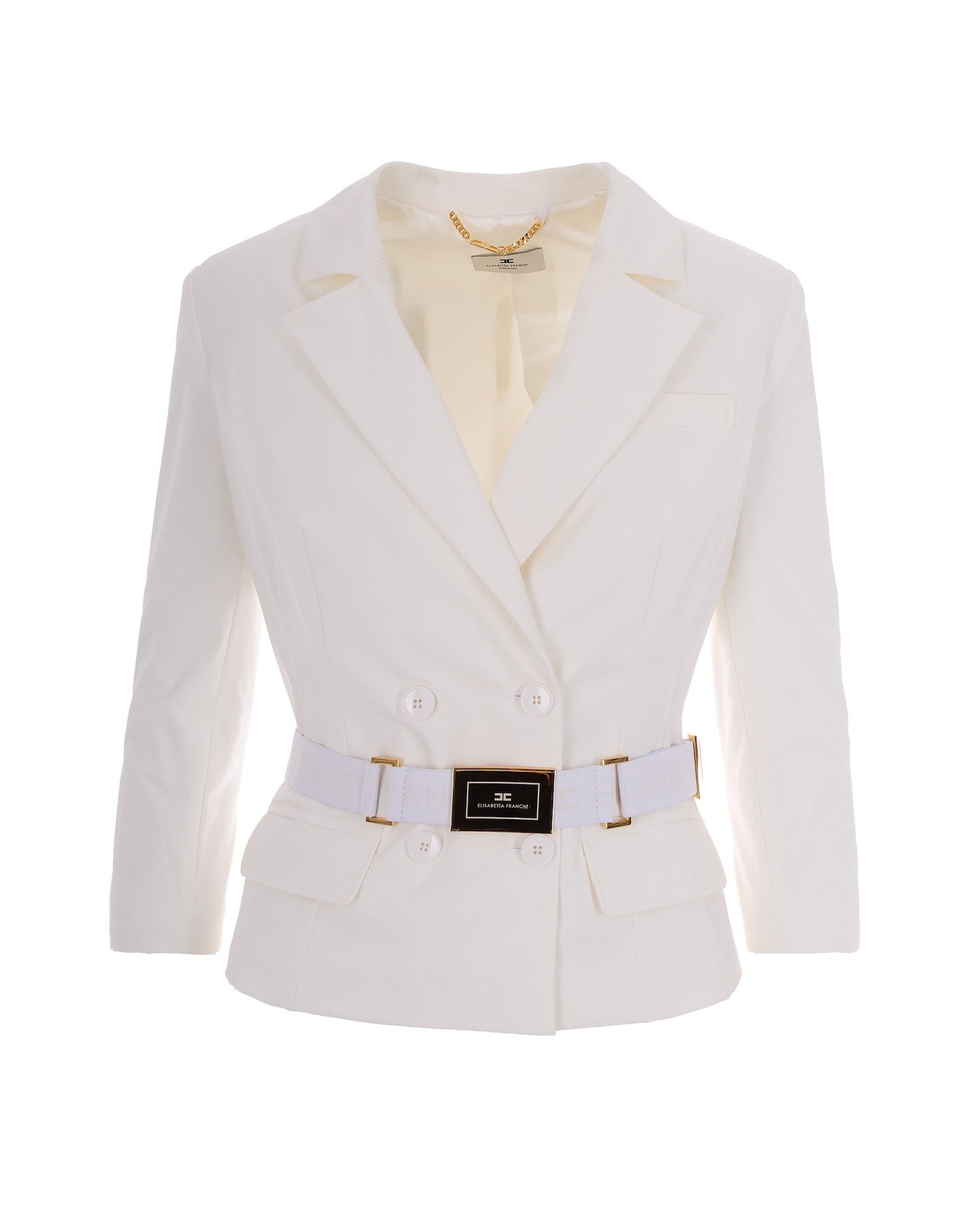 Ivory Bi-Elastane Blazer With Classic Lapel And Gold Accents