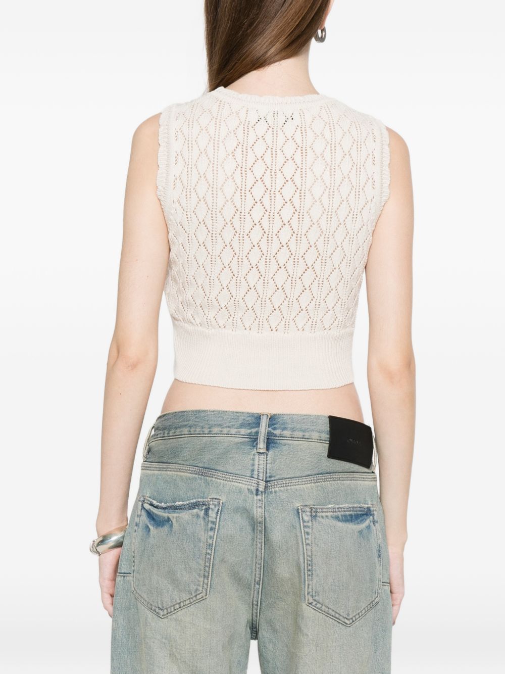 Cream Openwork Knit Logo Sleeveless Top