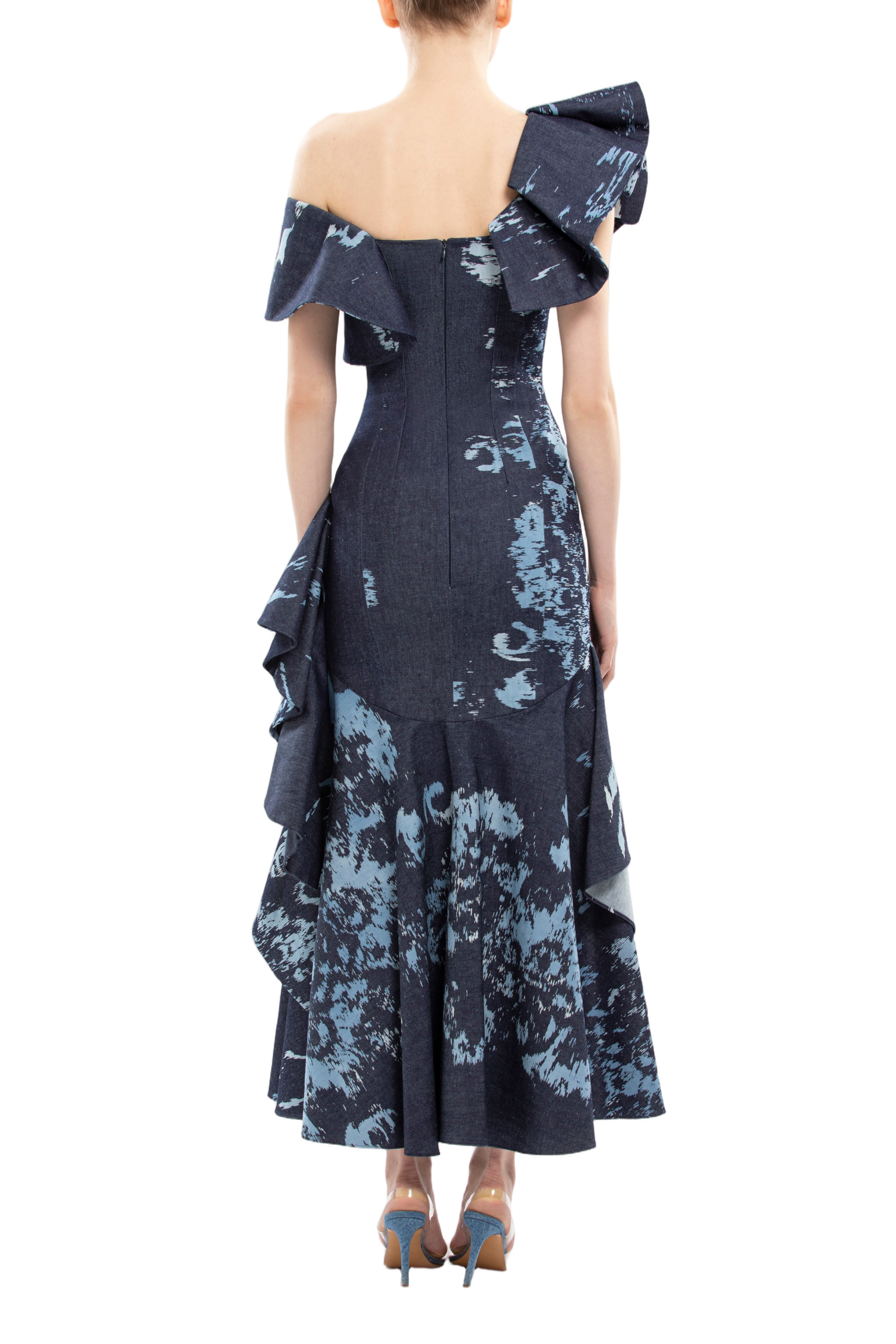 Layered Printed Denim Midi Dress