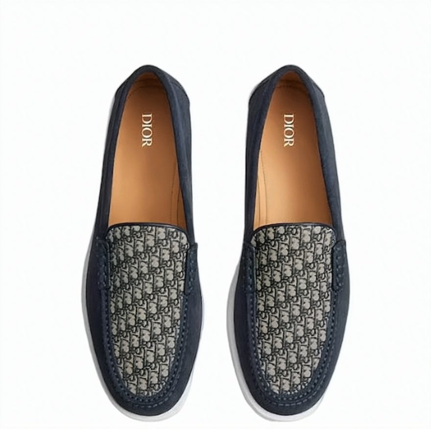 Navy Loafers With Patterned Fabric Panel And Contrasting Sole