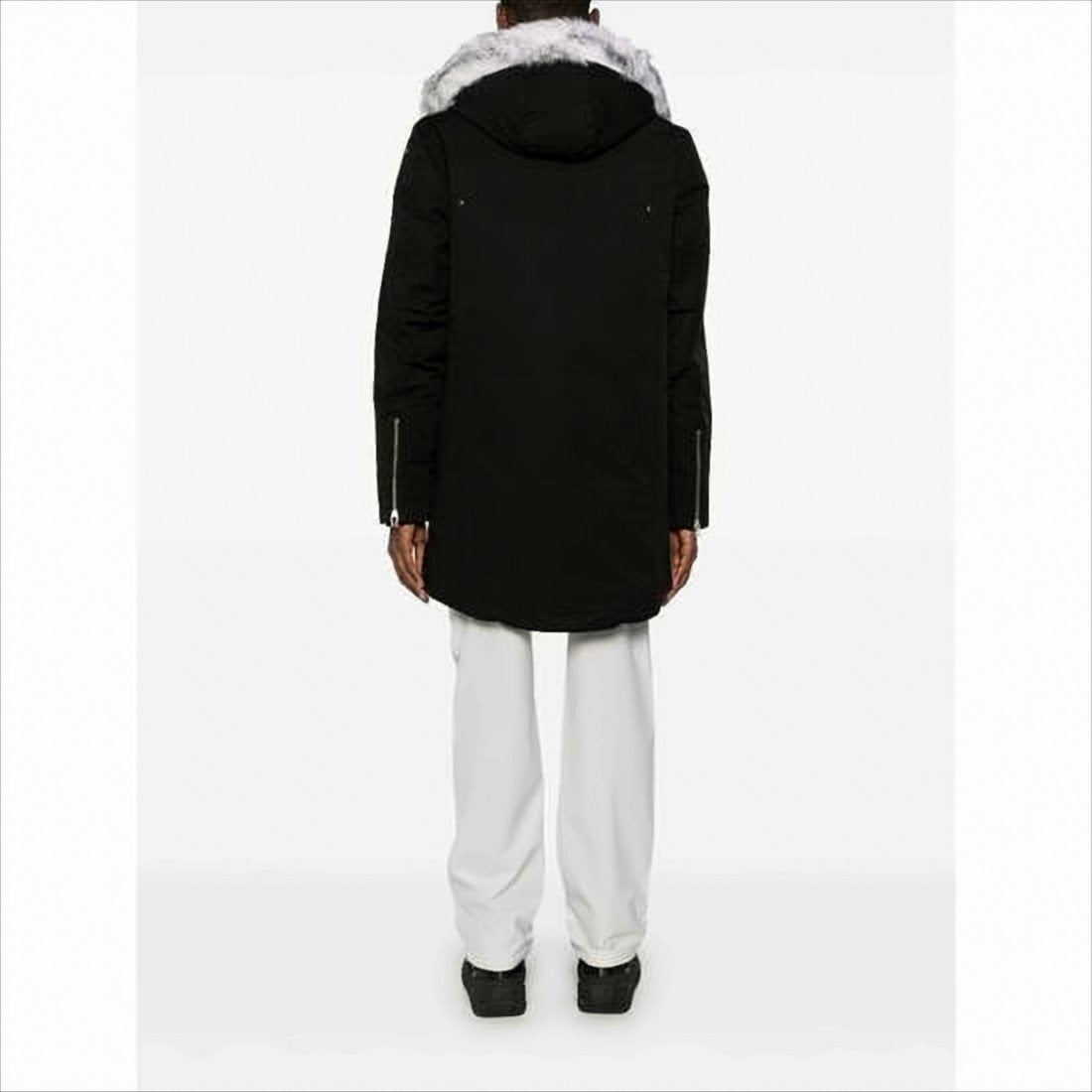 Hooded Long Black Padded Coat With Fur Trim And Multiple Pockets