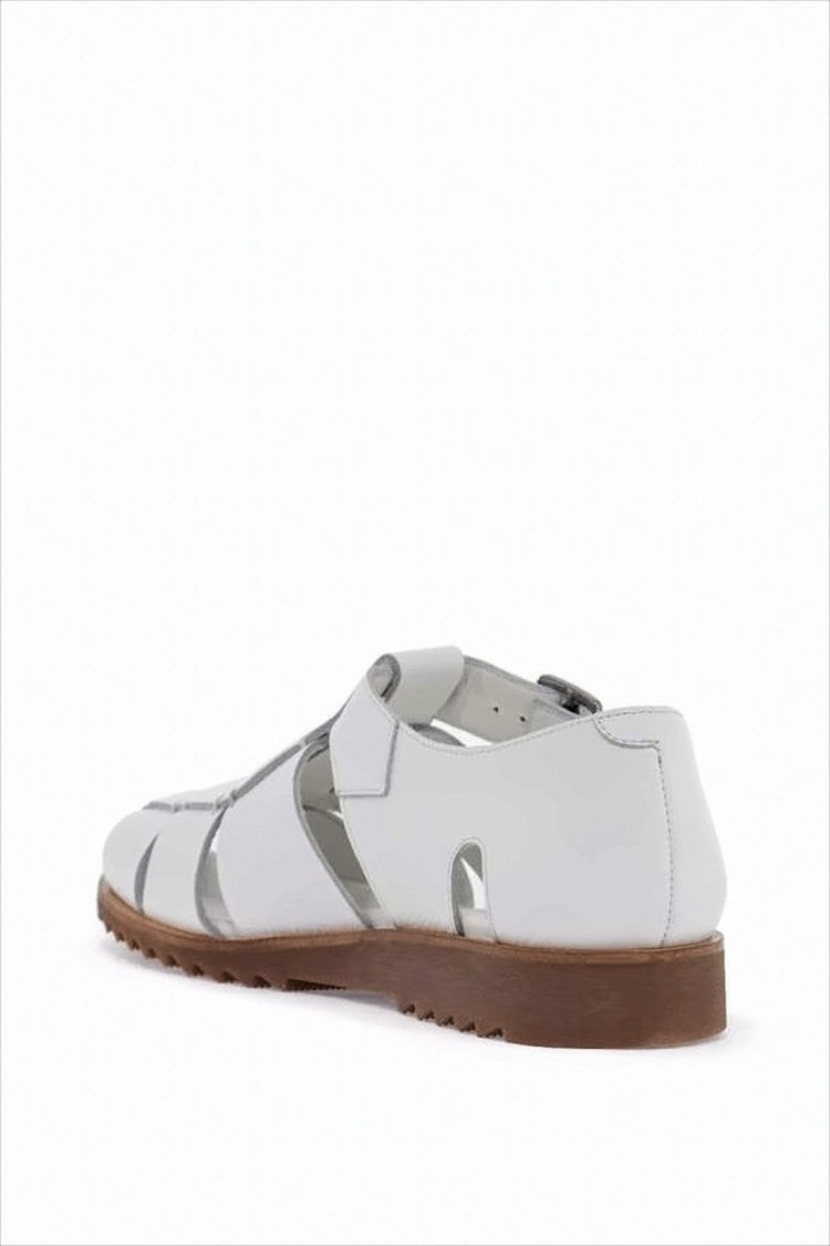 White Leather Cage Sandals with Brown Rubber Sole