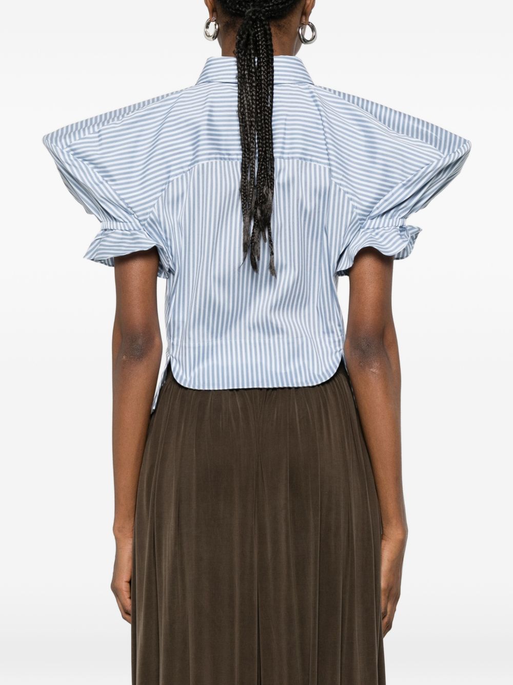 Blue Striped Gathered Sleeve Button Top
