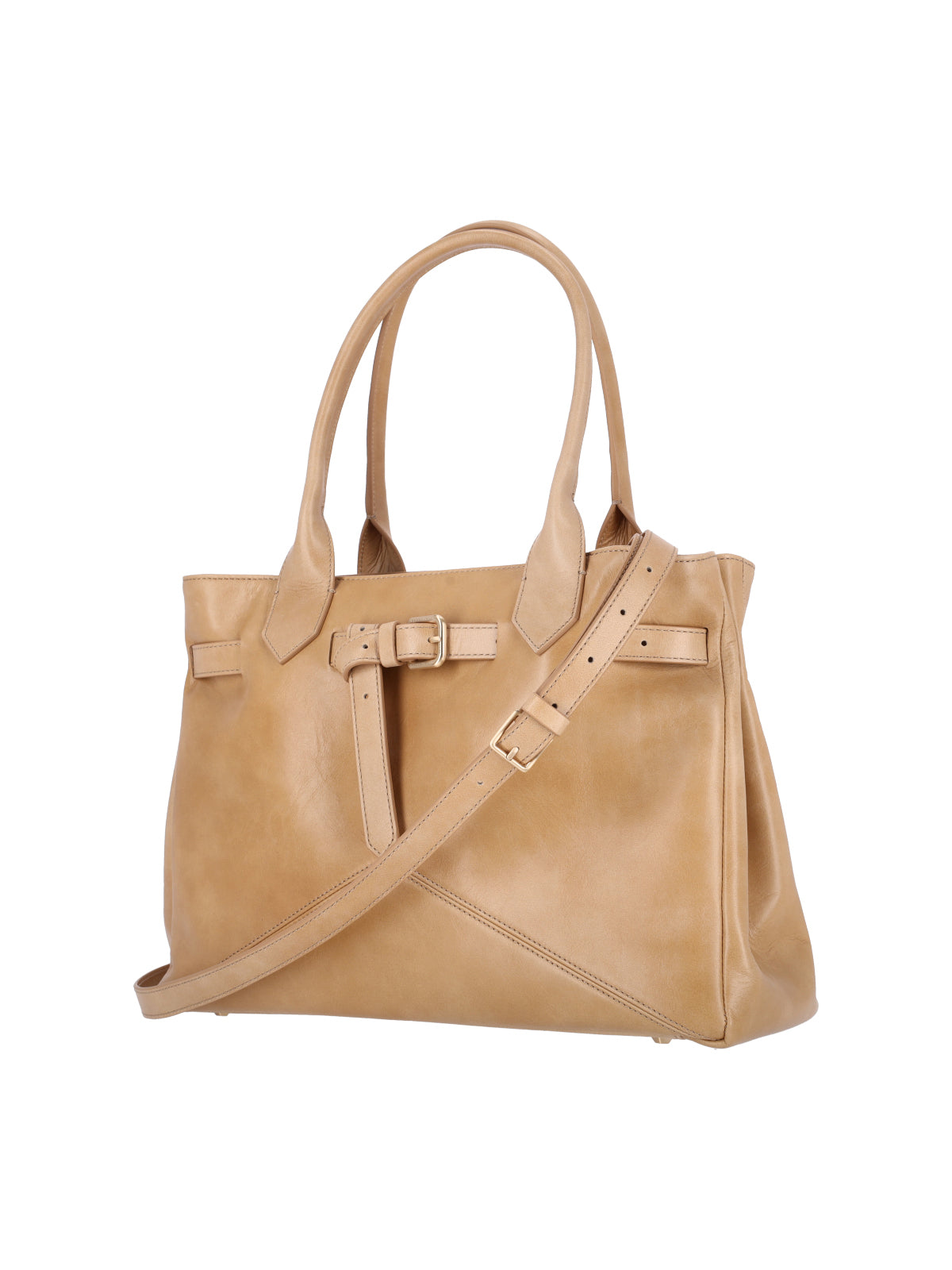 Beige Calf Leather Tote With Adjustable Buckle Detail