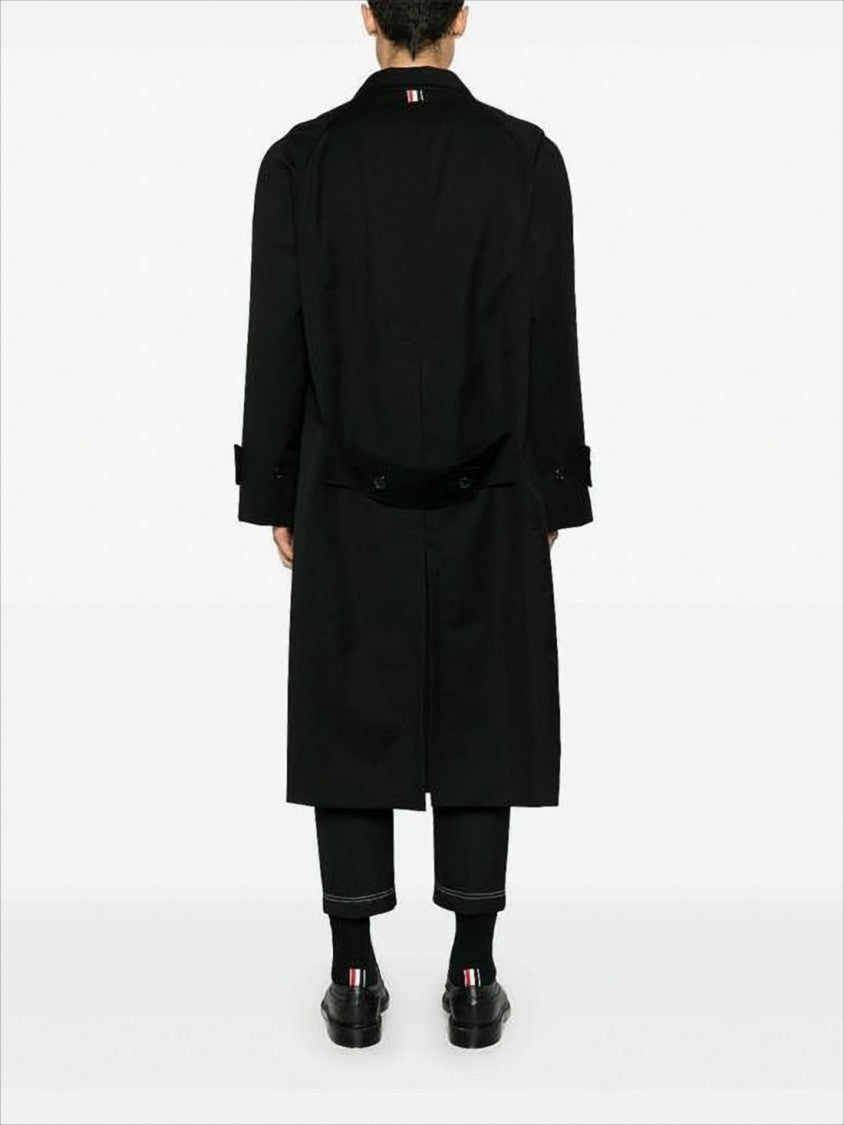 Long Black Wool Coat with Tailored Silhouette and Tricolor Accents