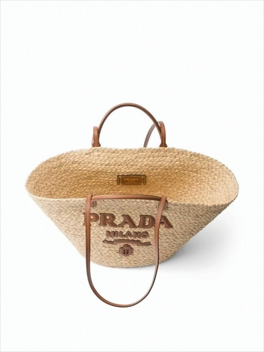 Trapezoidal Raffia Shoulder Bag With Embossed Logo Detail