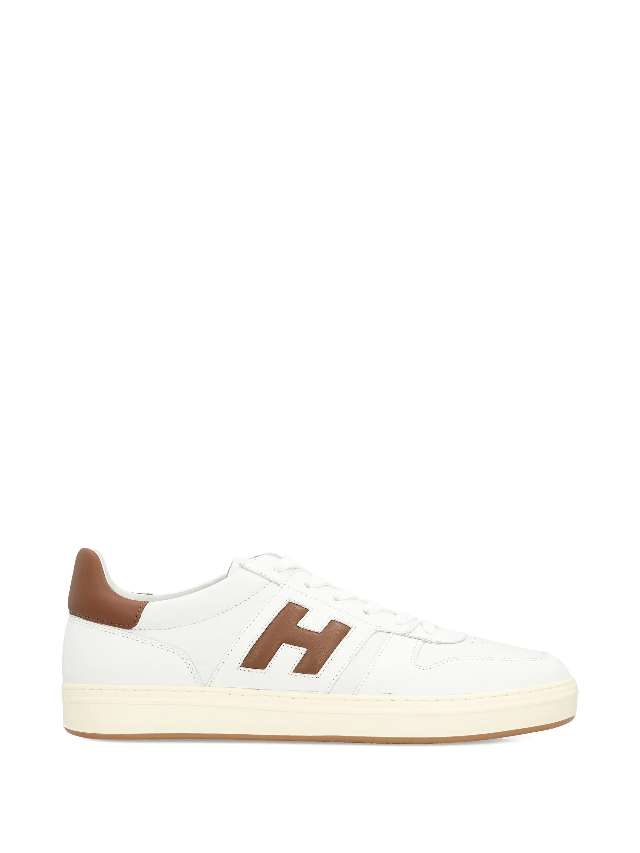 White Low-Top Brown Accent Logo Sneakers