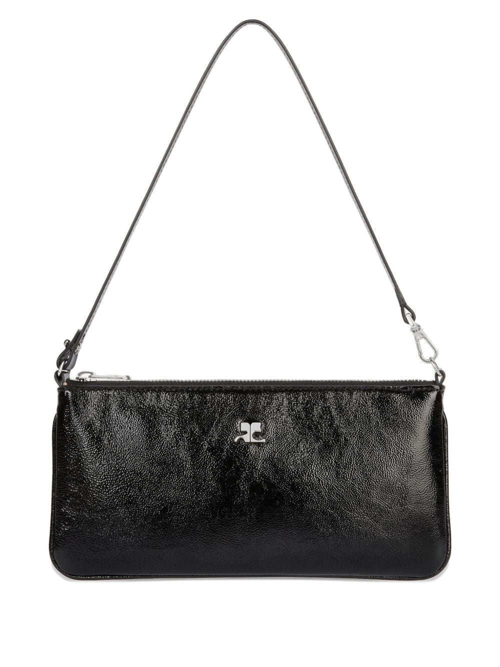 Rectangular Black Handbag with Glossy Finish and Silver Emblem