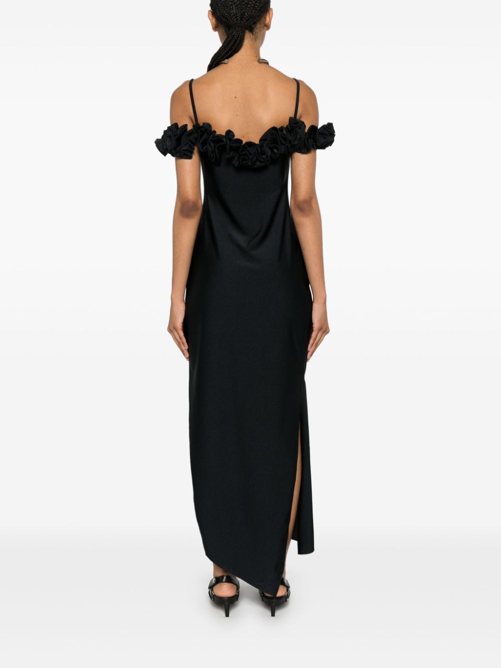 Ruffled Trim Black Midi Dress