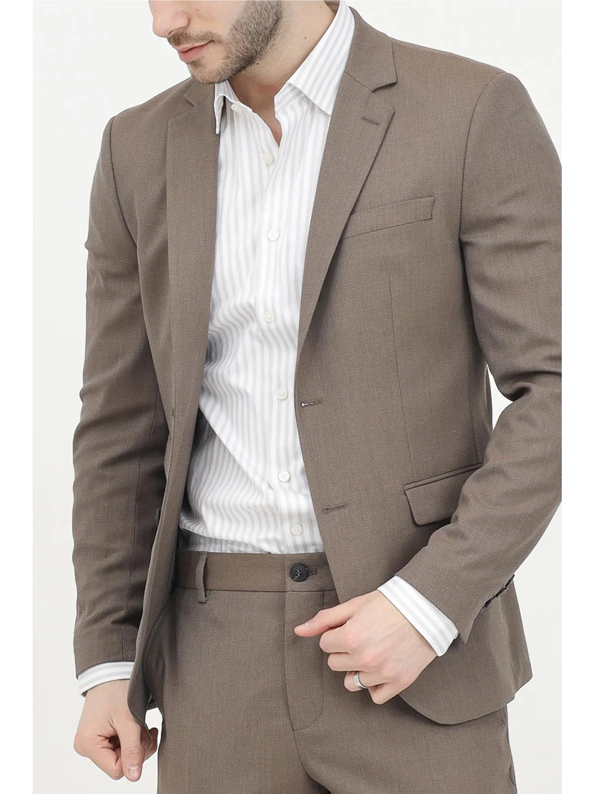 Brown Polyester Wool Viscose Slim Jacket
