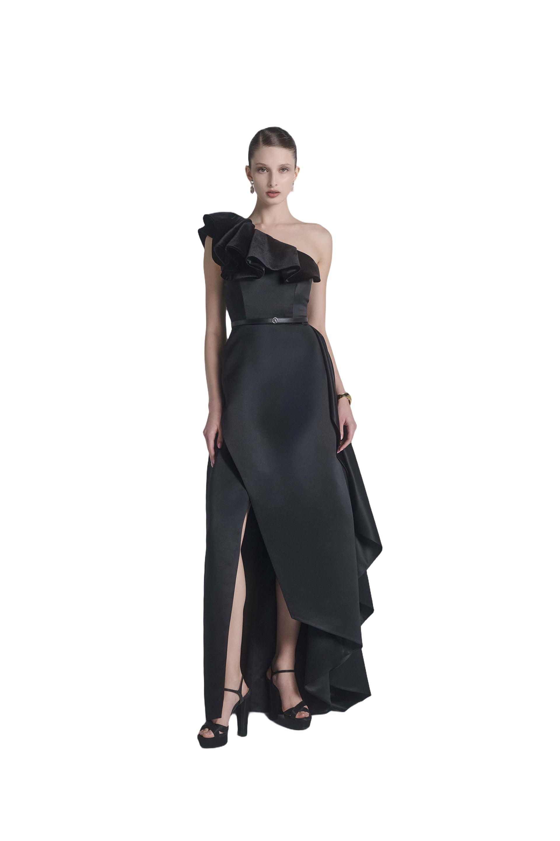 One-Shoulder Velvet And Satin Dress