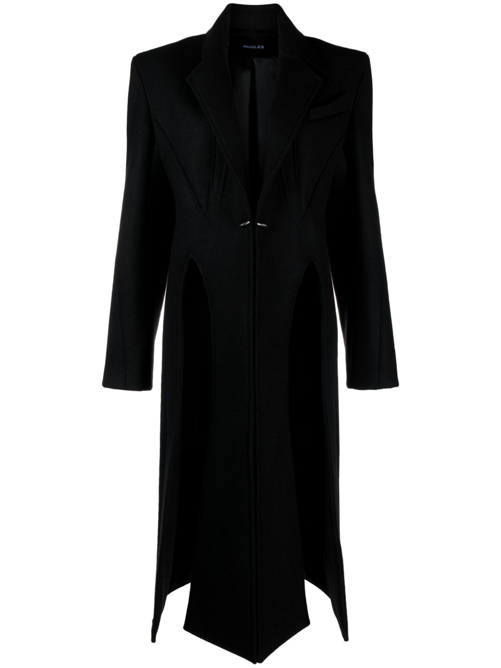 Asymmetric Hem Black Wool Blend Coat with Cut-Out Detailing