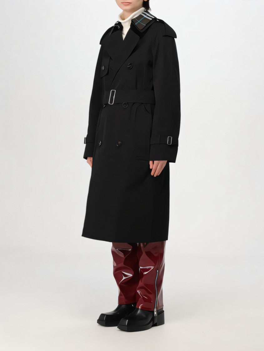 Double-Breasted Trench Coat with Distinctive Plaid Detail