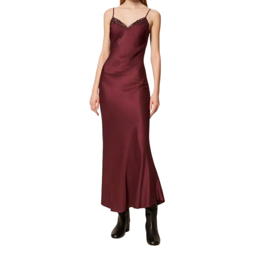 Maxi Satin Dress with Lace Trim