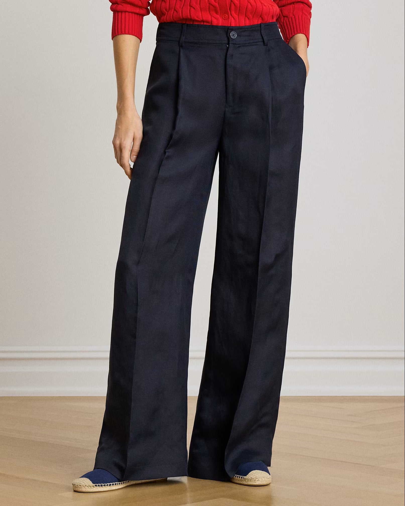Navy Blue Woven Linen Wide Trousers