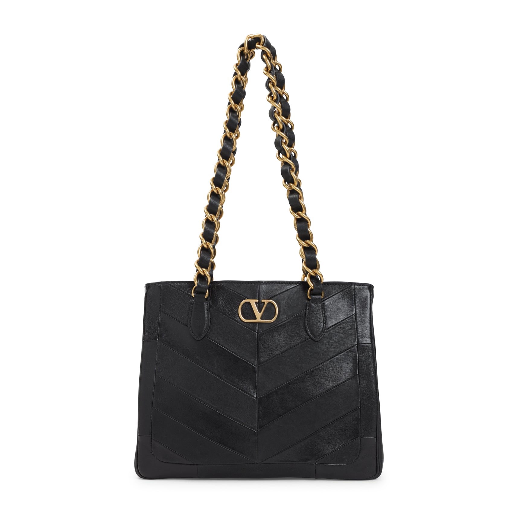 Chevron-Patterned Lambskin Shopper Bag With Dual Chain Handles