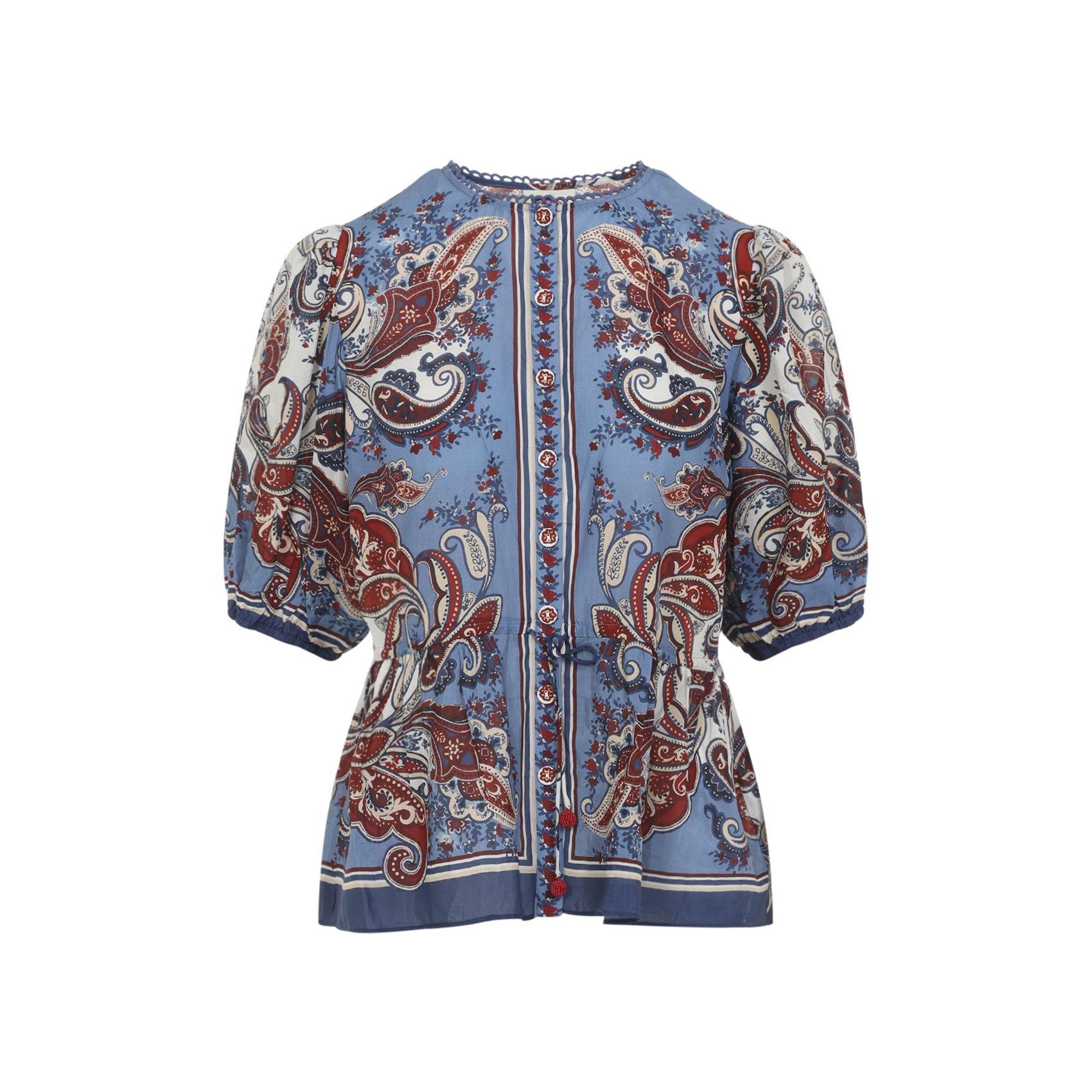 Puffed Sleeve Blue Paisley Shirt With Pattern