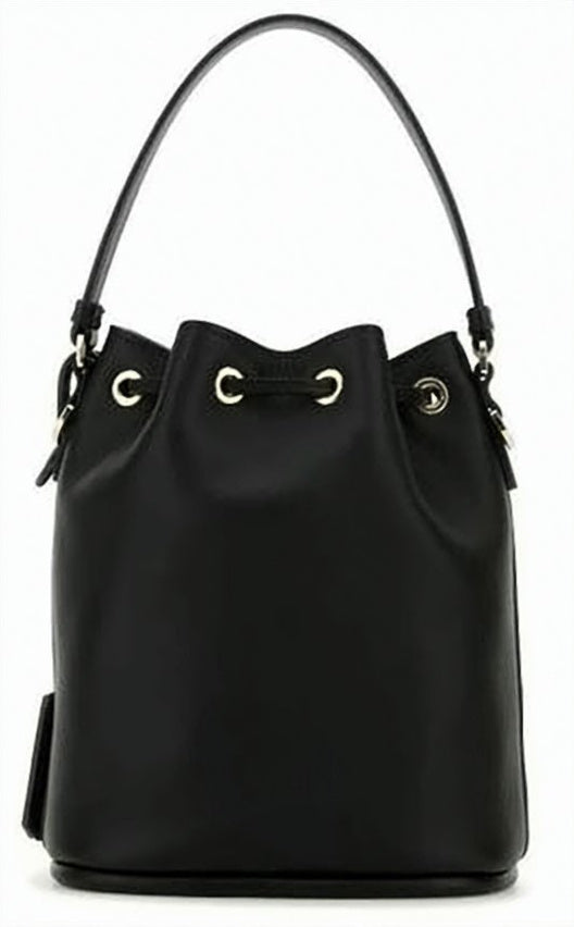 Bucket-Style Smooth Leather Shoulder Bag With Drawstring Closure